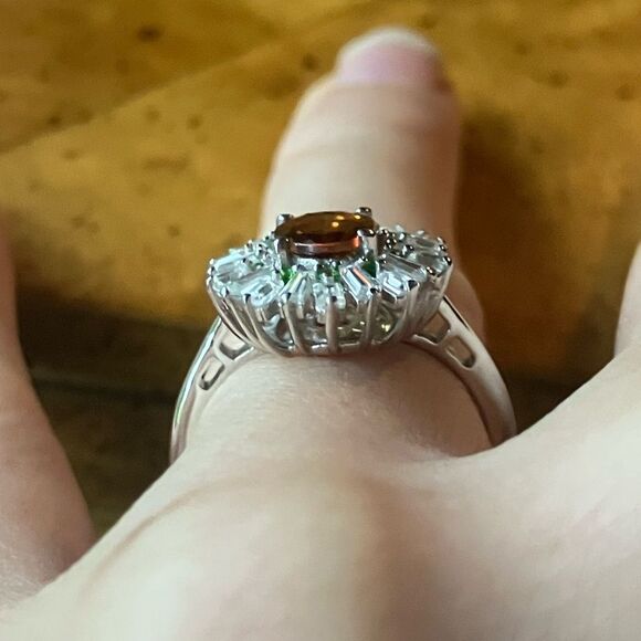 Natural Orange Garnet Chrome Diopside Sterling Silver Cocktail Ring Size 6 - Picture 2 of 8